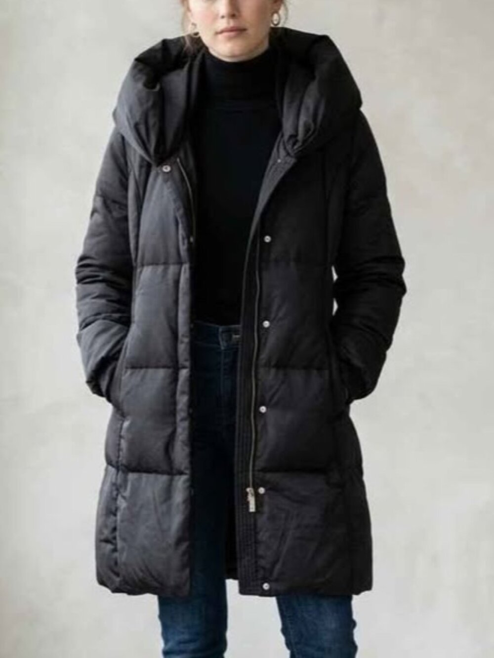 London Fog Black Long Quilted Down Puffer Winter Coat Large Oversized Hood L